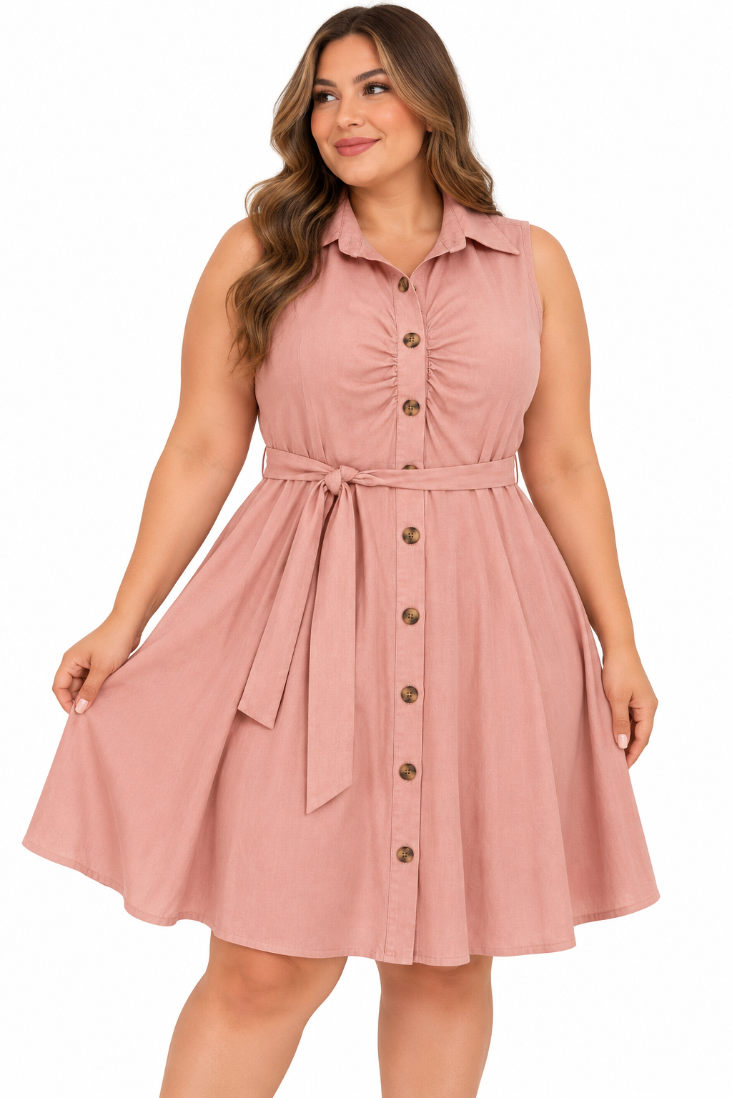 Vestido dama camisero sin mangas con botones y cinturón ajustable