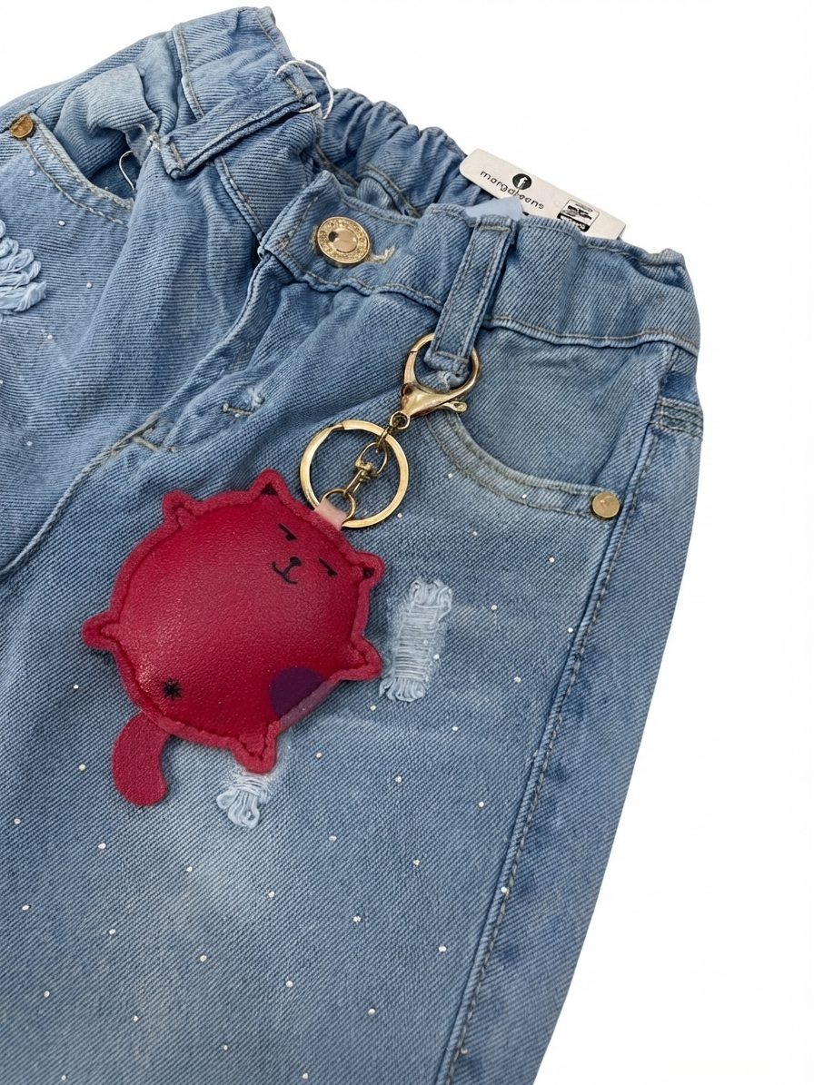 Pantalón niña de mezclilla con brillos y llavero de gatito