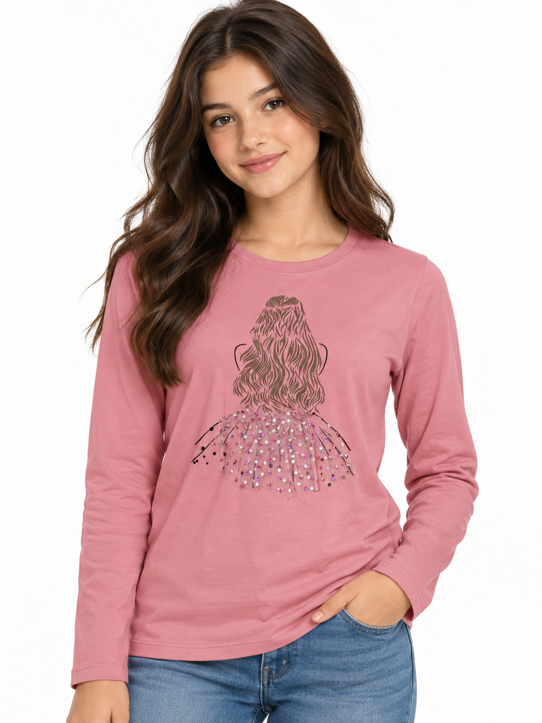 Blusa niña rosa manga larga con detalle brillante