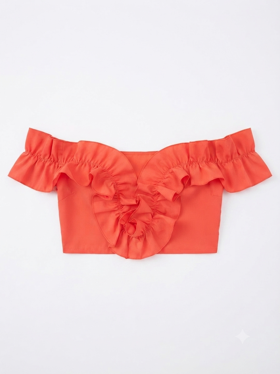Blusa Dama OFERTA Crop Off Shoulder con Olanes Color Coral
