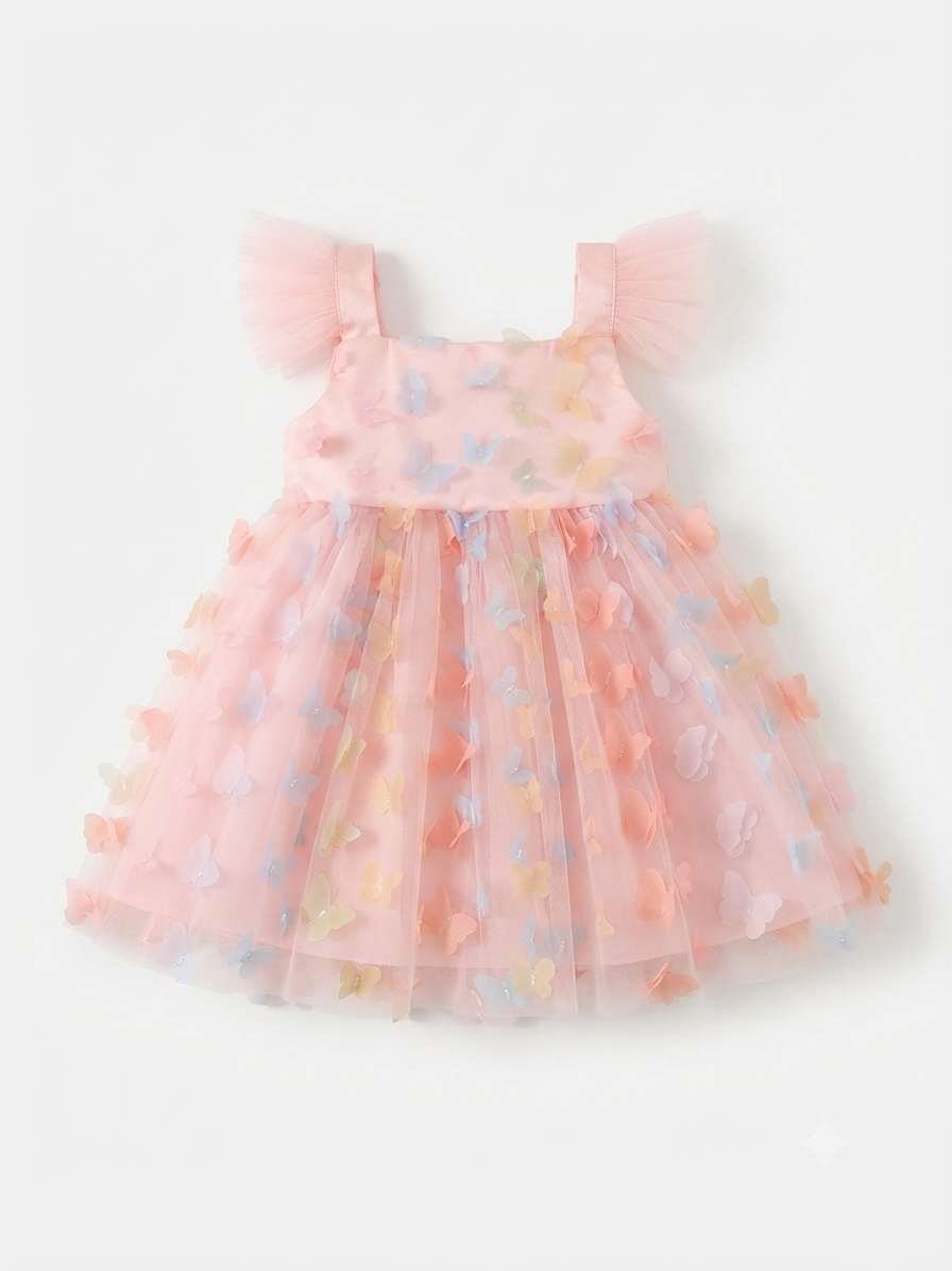 Vestido niña rosa con tul y mariposas 3D multicolor