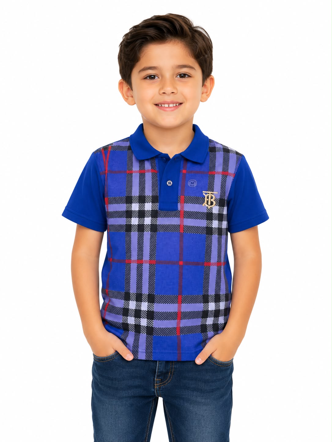 Playera niño tipo polo estampado de cuadros azul elegante