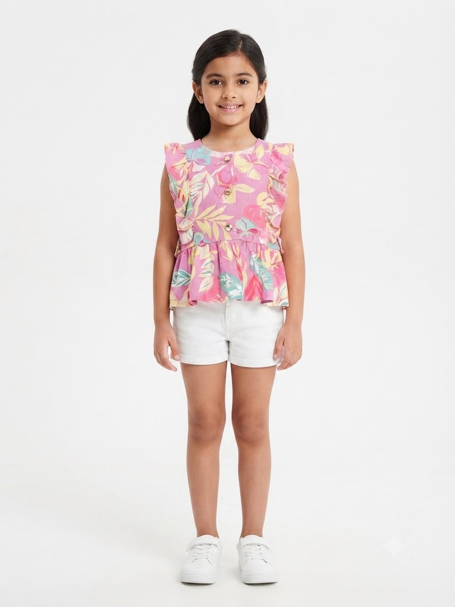 Blusa niña rosa con estampado trópico Olanes
