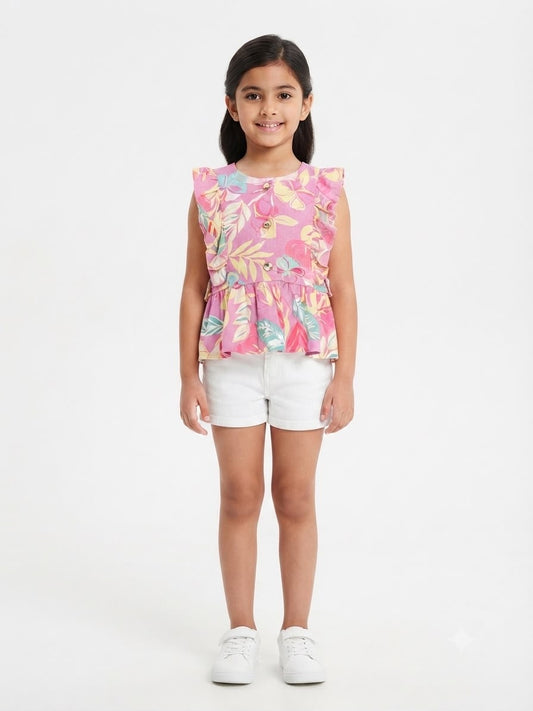 Blusa niña rosa con estampado trópico Olanes