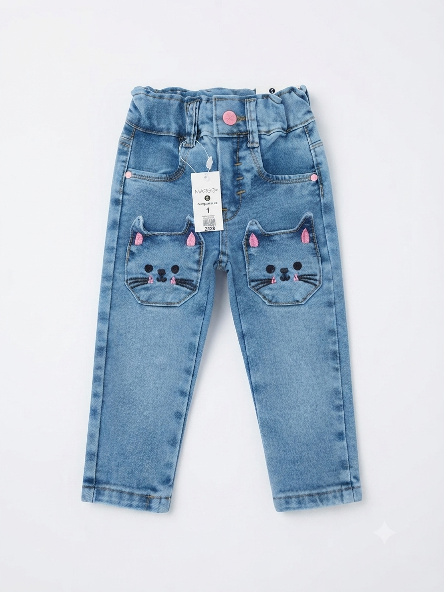 Pantalón niña de mezclilla con bolsillos de gatito