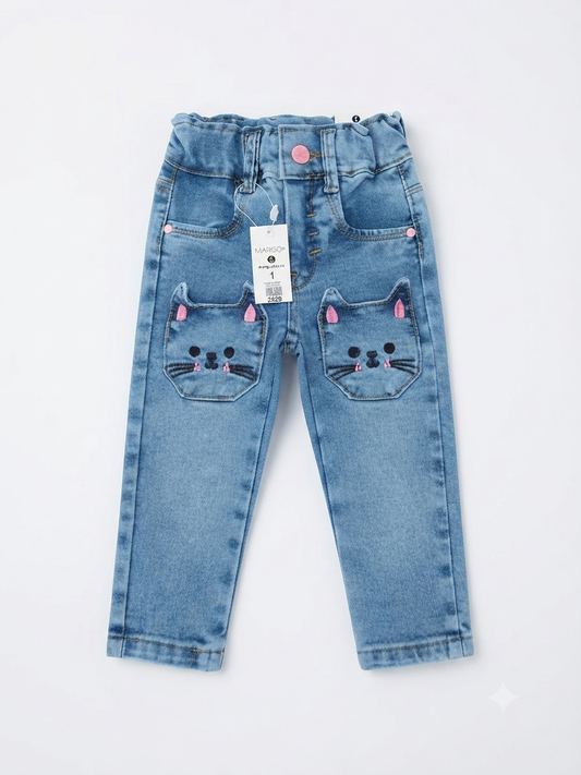 Pantalón niña de mezclilla con bolsillos de gatito