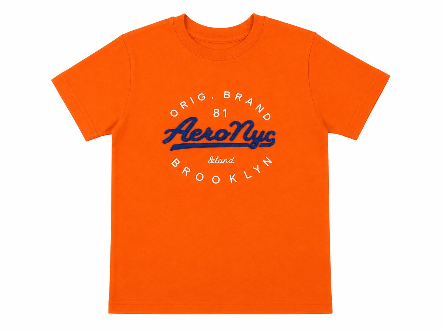 Playera niño cuello redondo color naranja con estampado frontal