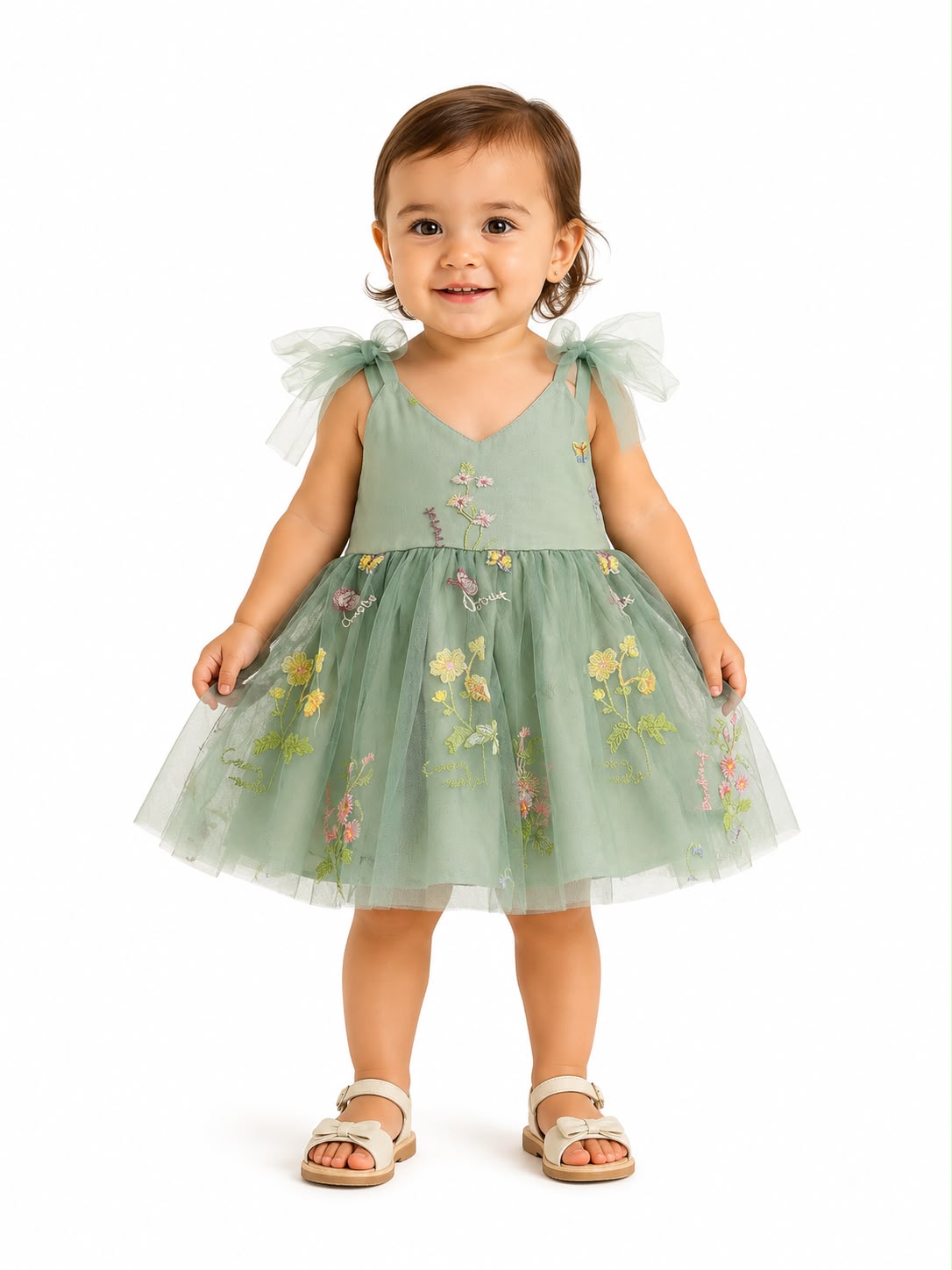 Vestido niña meses de tul bordado con moños en hombros – Verde salvia