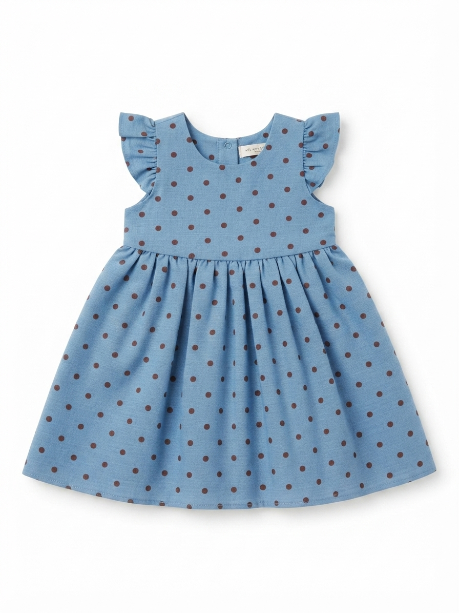 Vestido niña azul con estampado de lunares y olanes en hombros