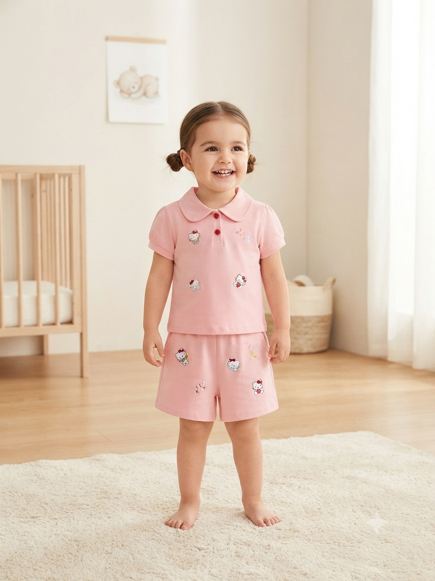 Set niña rosa con playera tipo polo y short de gatita