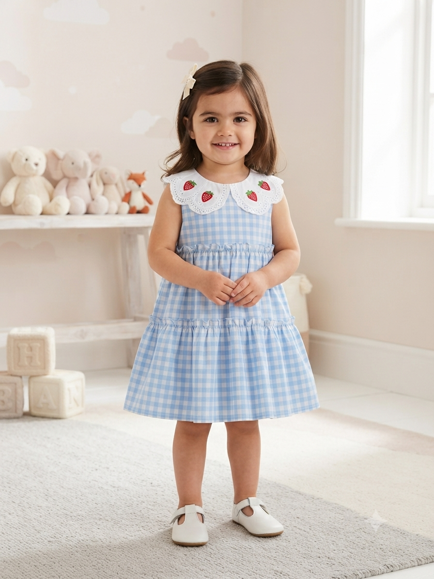 Vestido niña cuadros azul cielo con cuello bordado de fresas