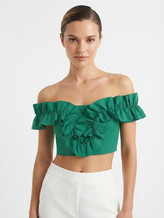 Blusa Dama OFERTA Crop Off Shoulder con Olanes Color Verde