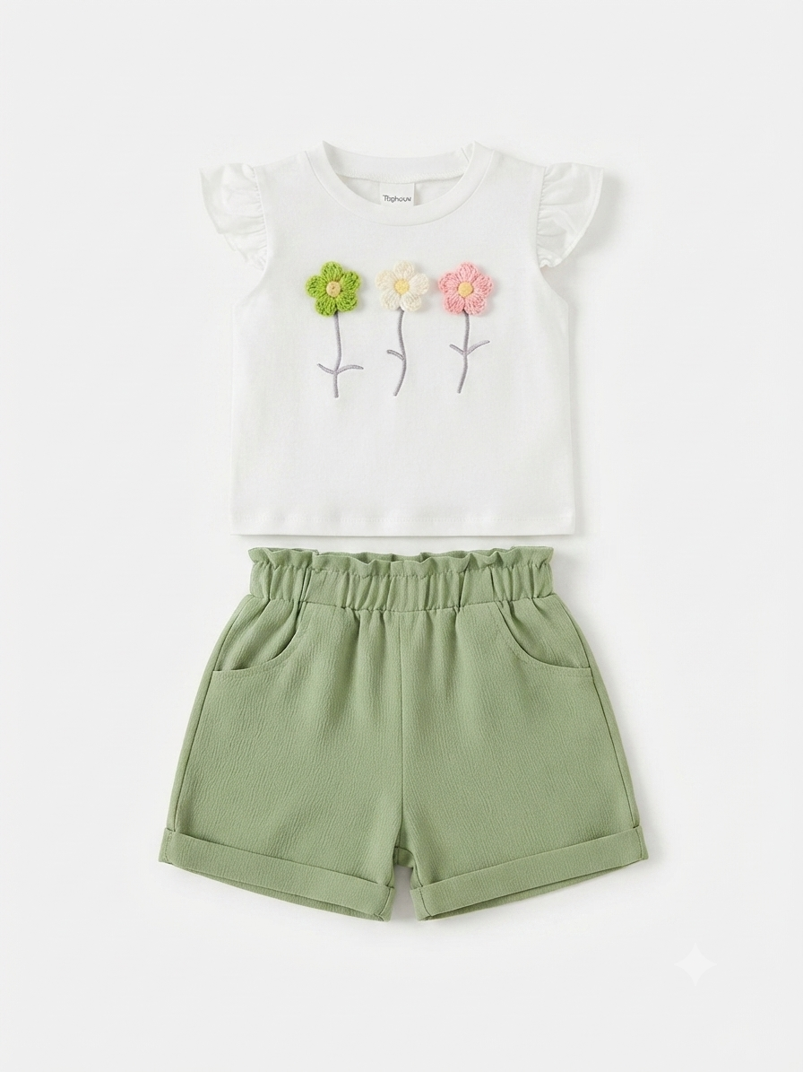 Set niña con blusa de flores y short verde