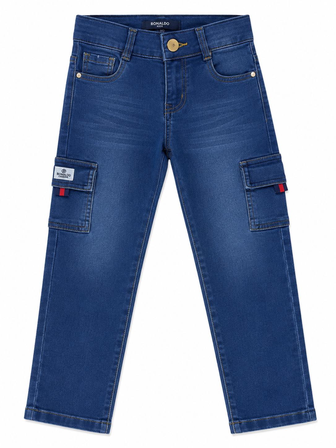 Pantalón niño cargo mezclilla azul con bolsas laterales
