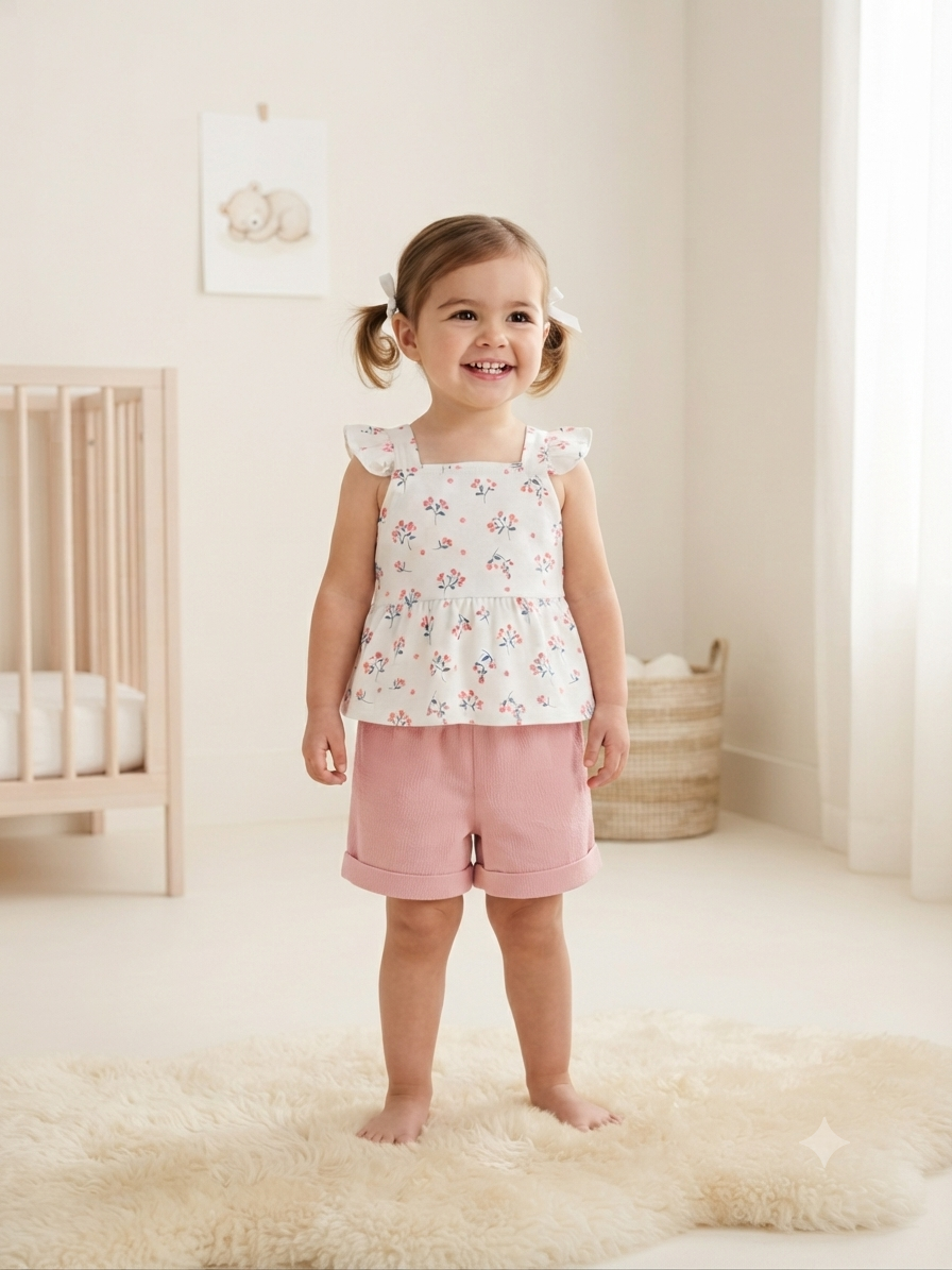 Set niña con blusa floral de olanes y short rosa
