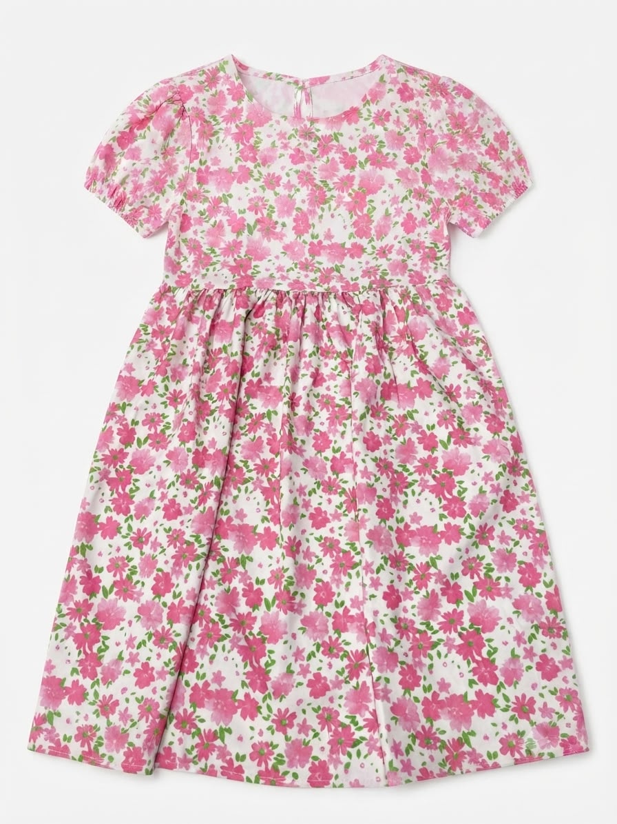 Vestido niña floral rosa con mangas abullanadas