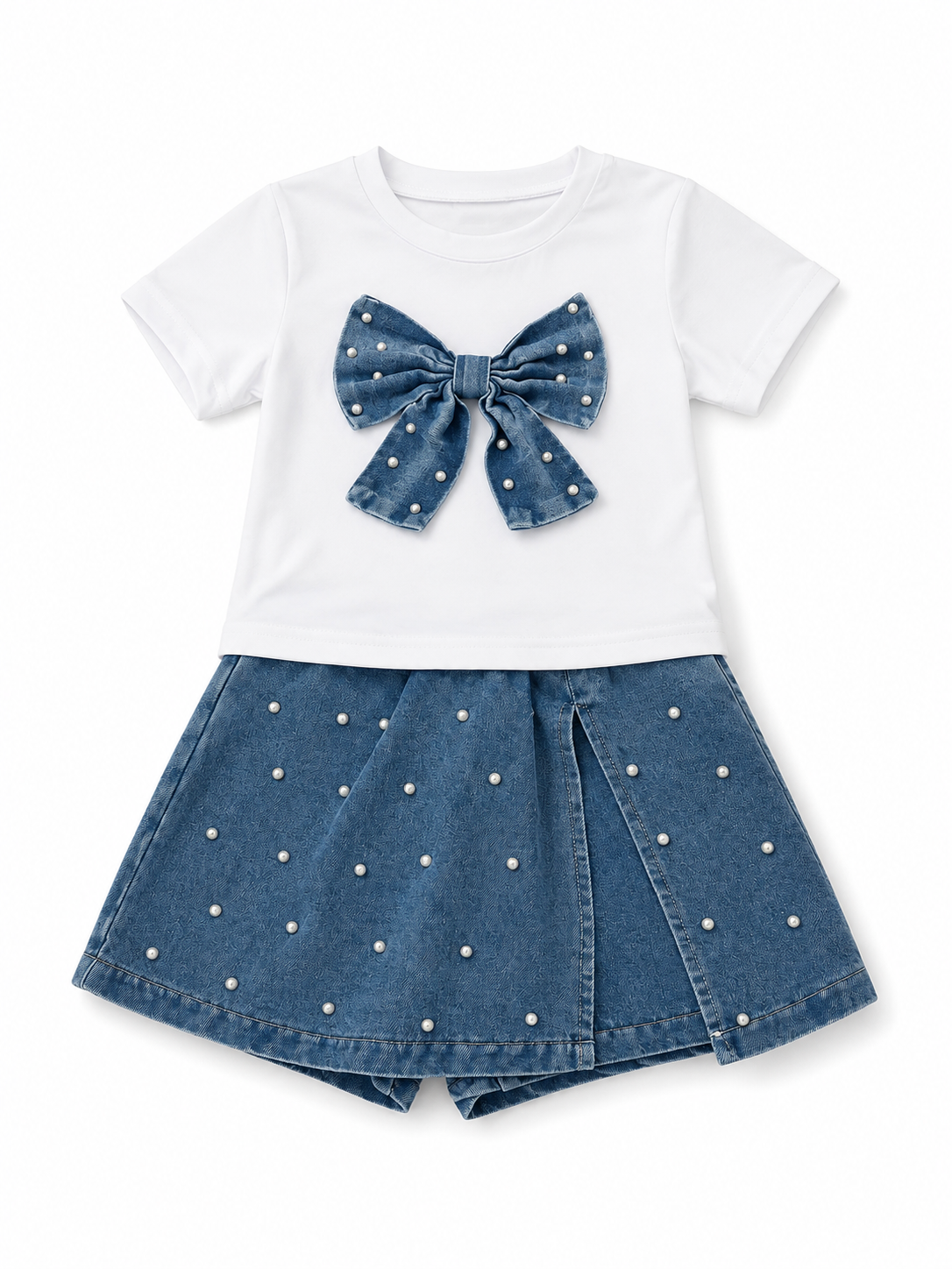 Set niña playera blanca con moño de mezclilla y falda