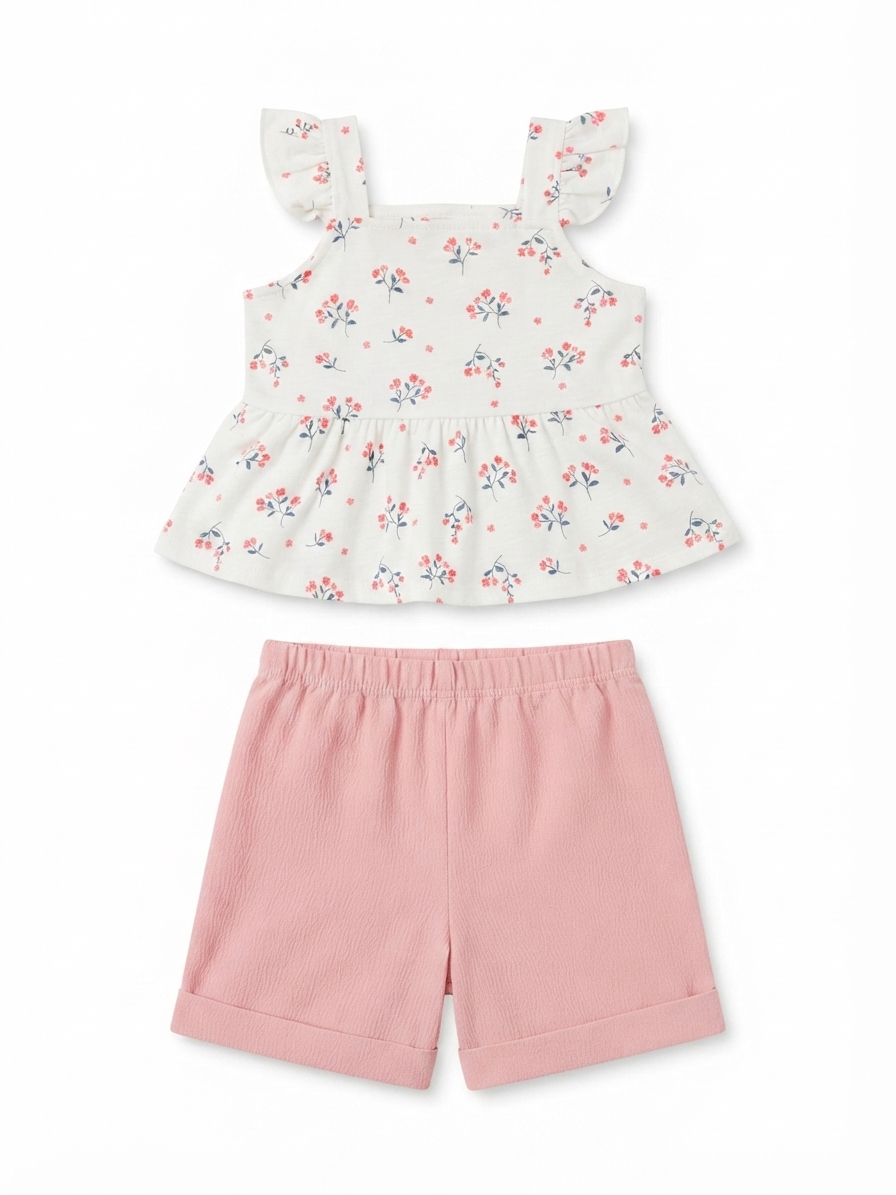 Set niña con blusa floral de olanes y short rosa