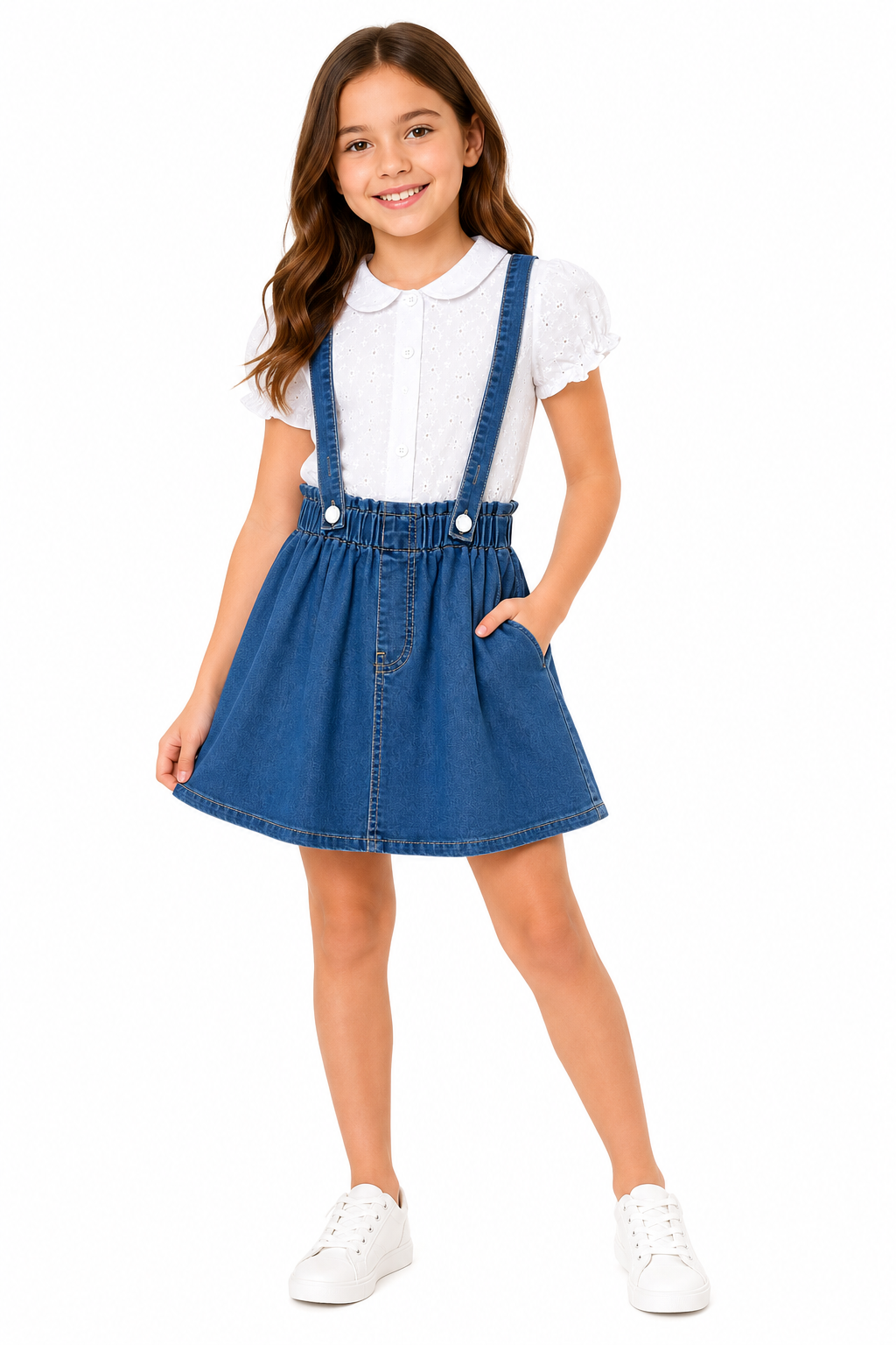 Set niña con blusa bordada y falda de mezclilla con tirantes