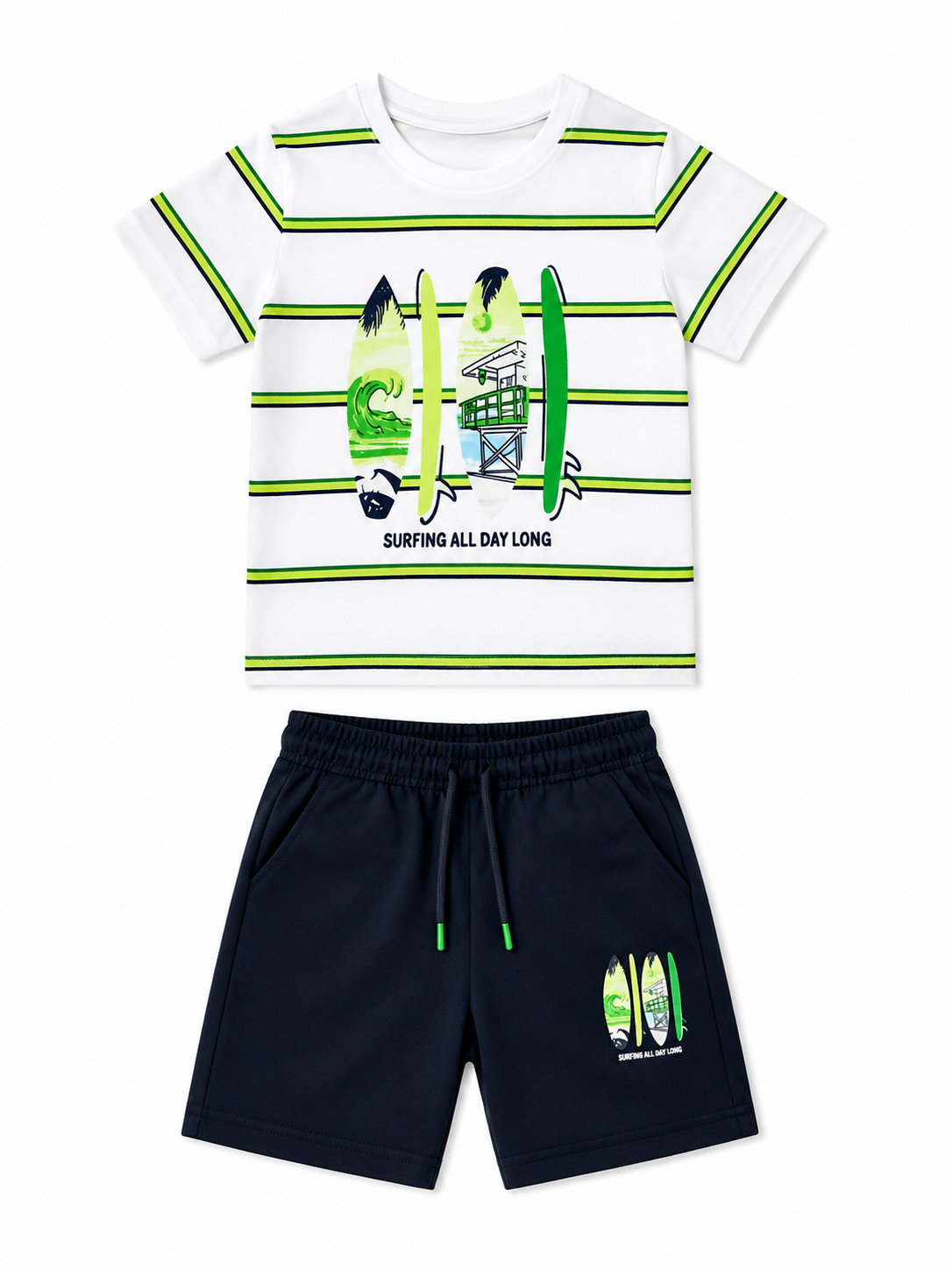Set niño playera blanca con rayas verde neón y short azul marino estilo surf casual de verano