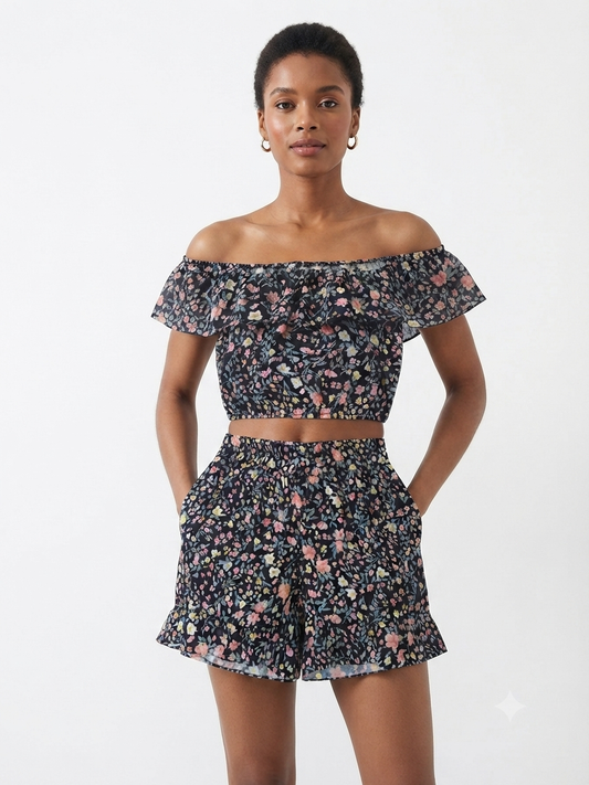 Conjunto Dama OFERTA Floral Top y Short Color Negro