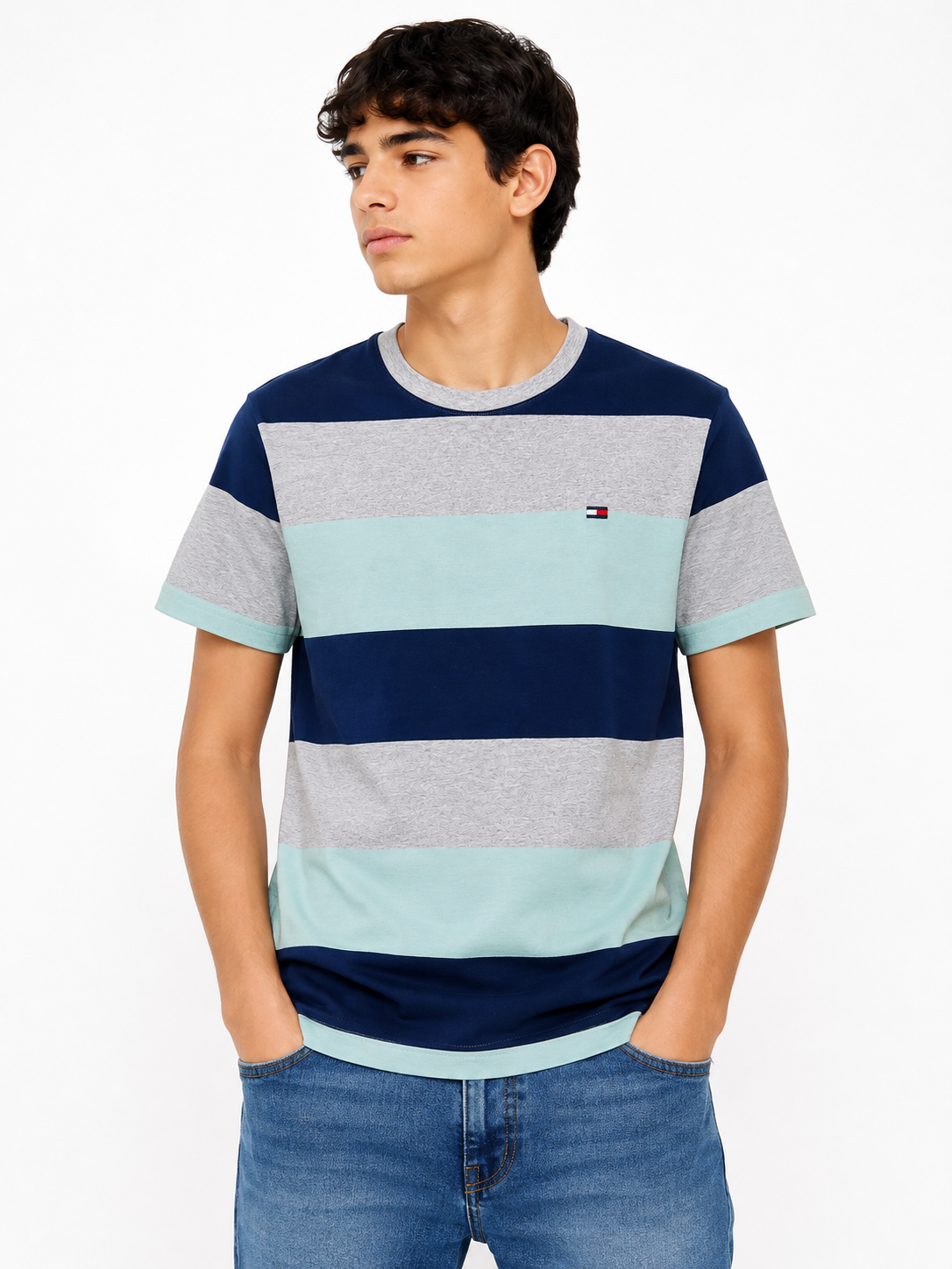 Playera niño cuello redondo a rayas azul marino, gris jaspe y verde menta