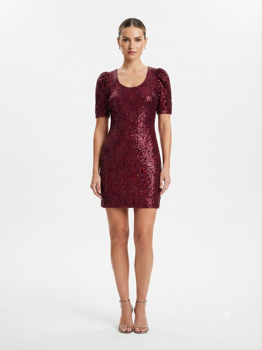 Vestido Dama OFERTA Corto Lentejuelas Manga Corta Color Vino