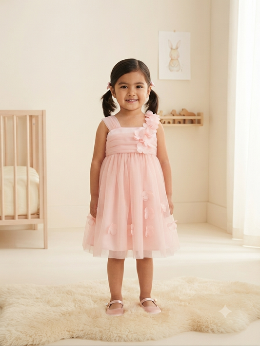 Vestido niña rosa con flores 3D y falda de tul