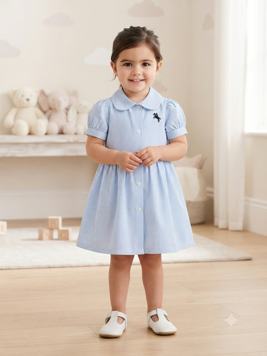 Vestido niña de rayas azul cielo con cuello clásico y manga bombacha