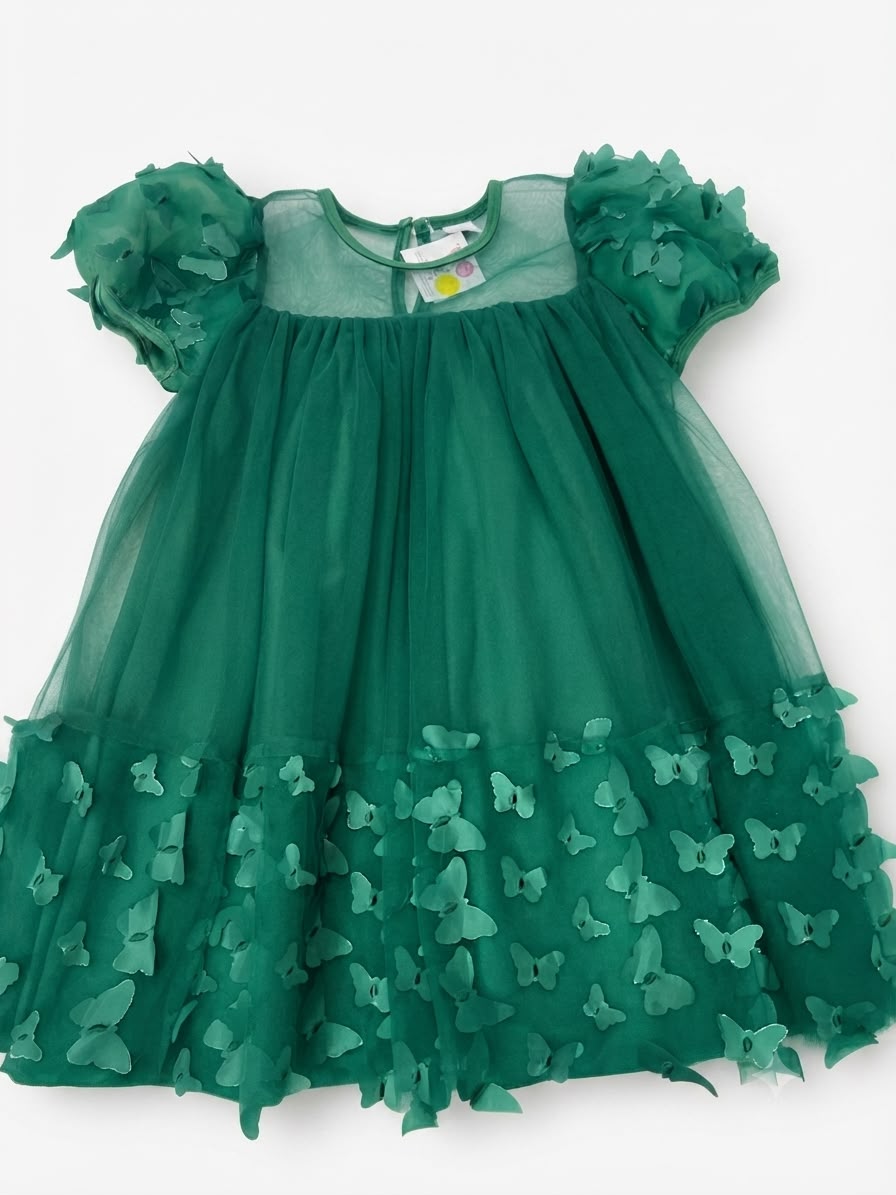 Vestido niña verde de tul con mariposas en 3D