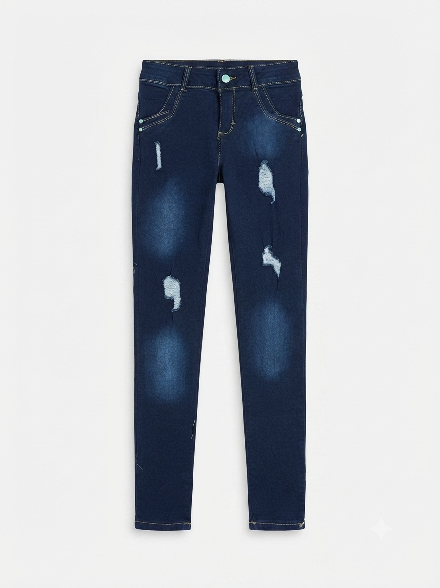 Pantalón niña skinny mezclilla azul con detalles desgastados
