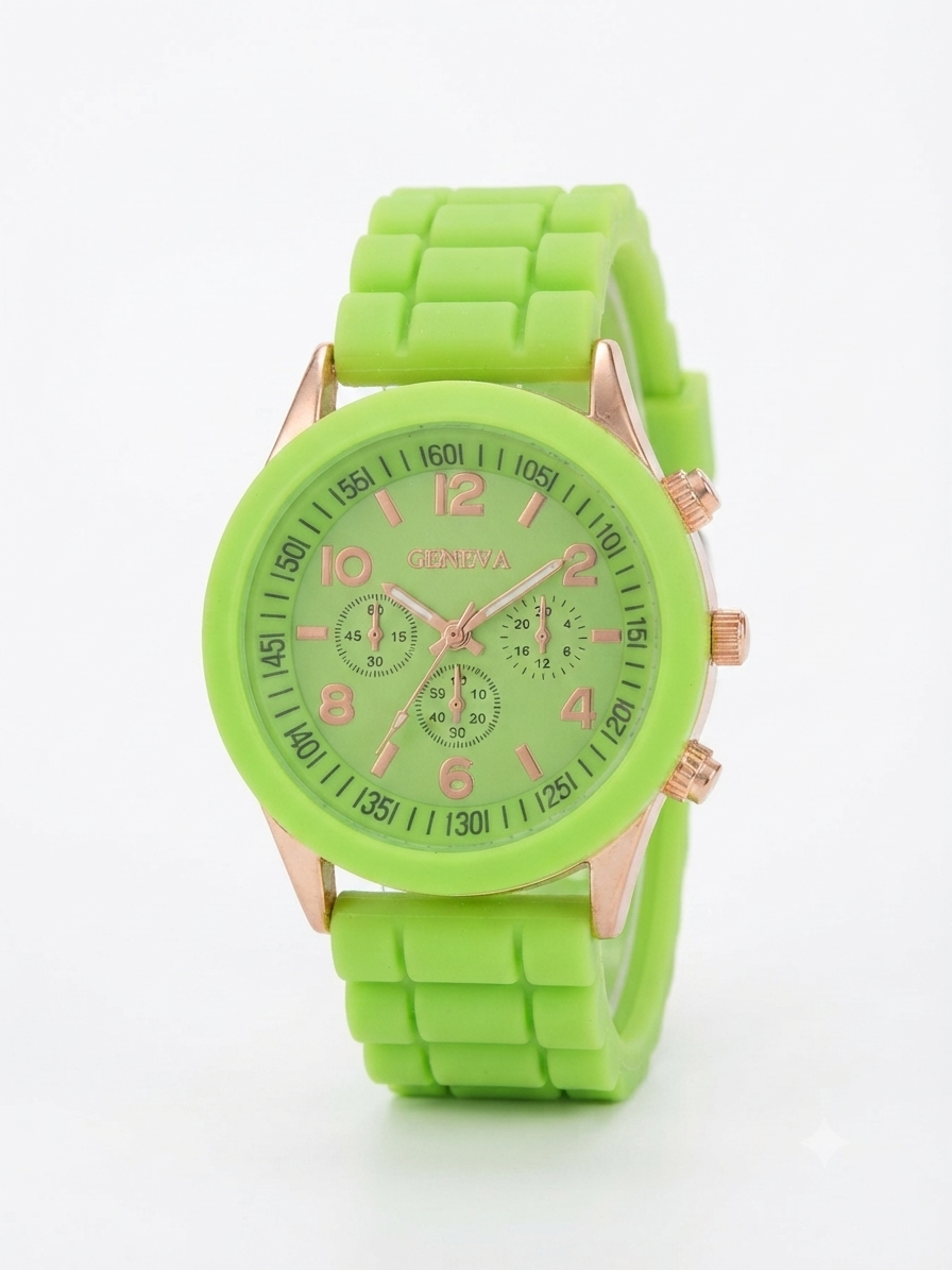 Reloj dama verde limón de silicón con detalles oro rosa