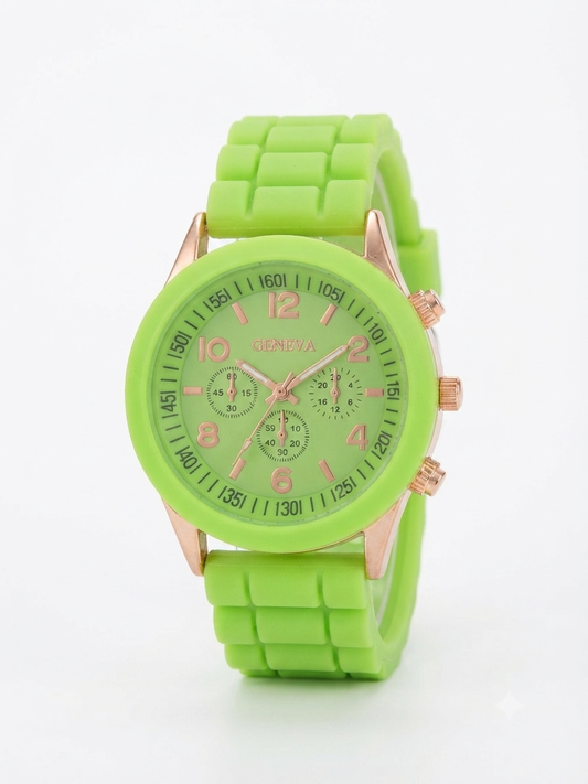 Reloj dama verde limón de silicón con detalles oro rosa