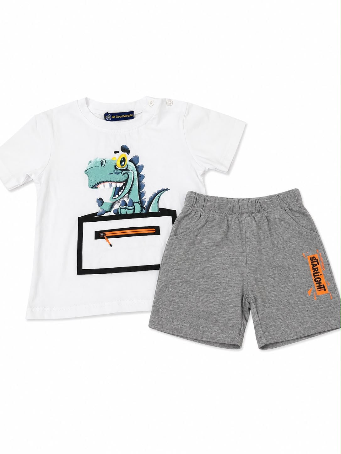 Set niño playera dinosaurio blanca con short gris