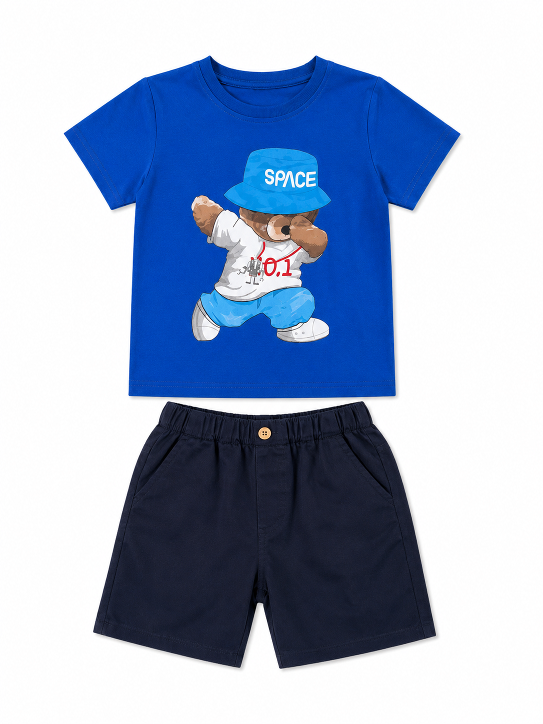 Set niño playera azul con short azul marino estampado de oso estilo casual moderno