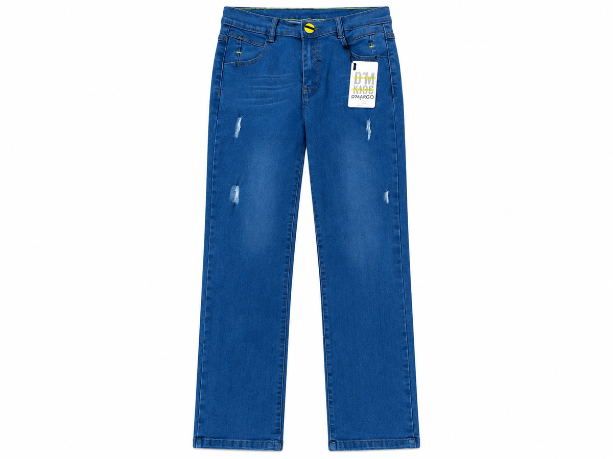 Pantalón niño de mezclilla azul con efecto desgastado y detalles rasgados