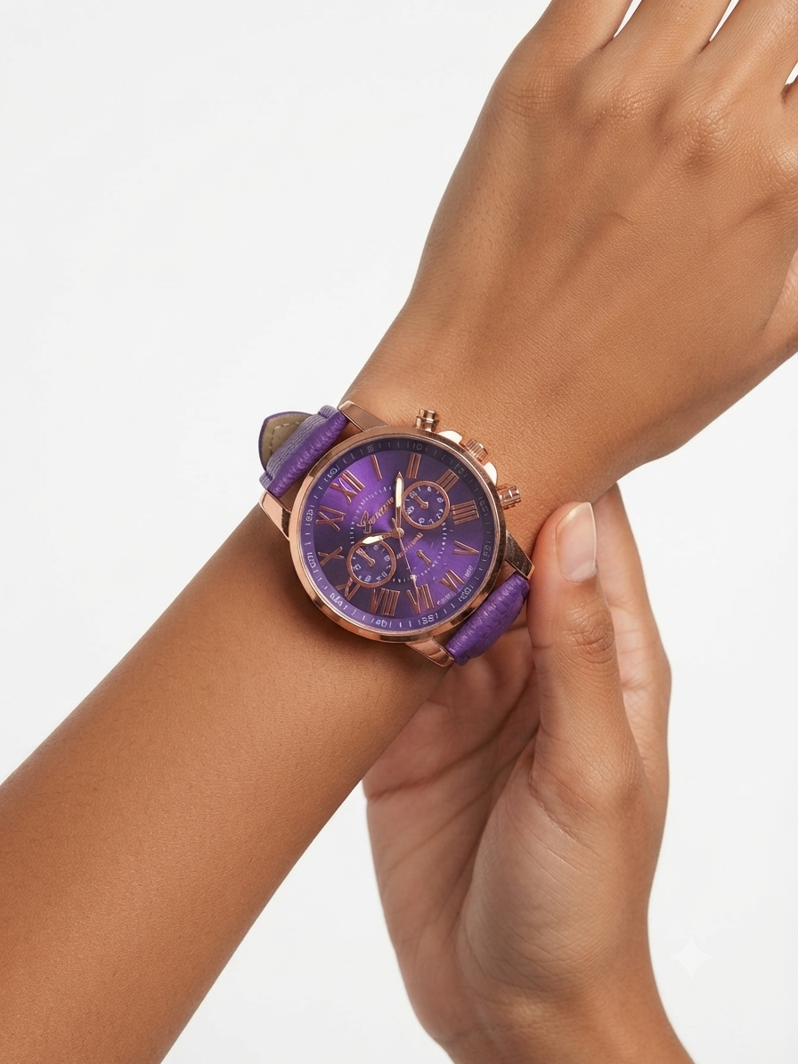 Reloj dama correa morada bisel oro rosa carátula morada