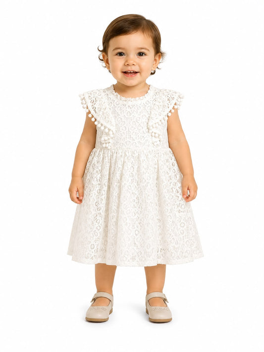 Vestido niña meses de encaje con pompones – Color blanco