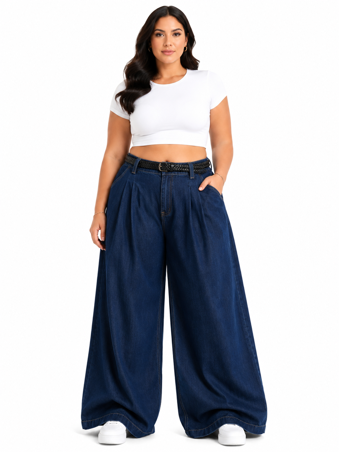 Pantalón dama mezclilla palazzo tiro alto con cinturón