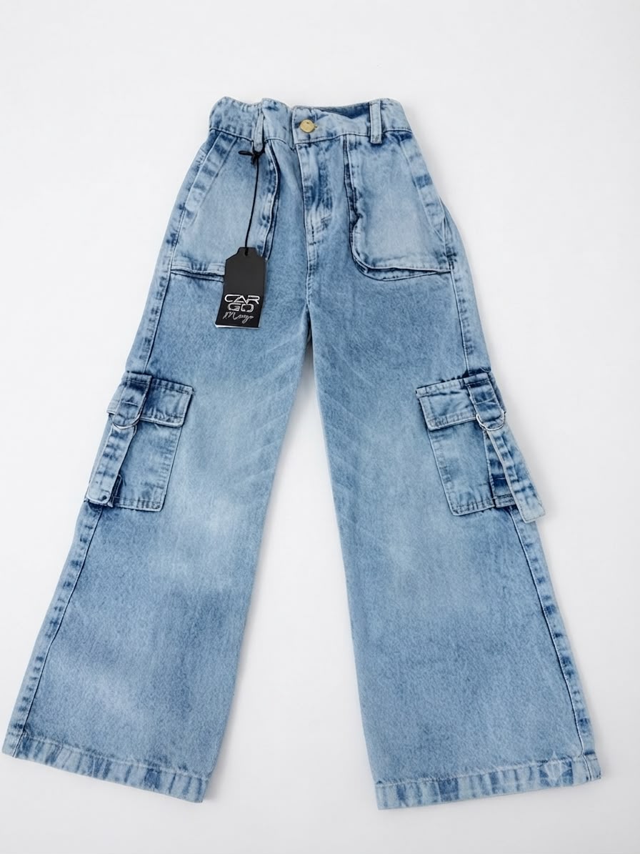 Pantalón niña cargo mezclilla azul claro