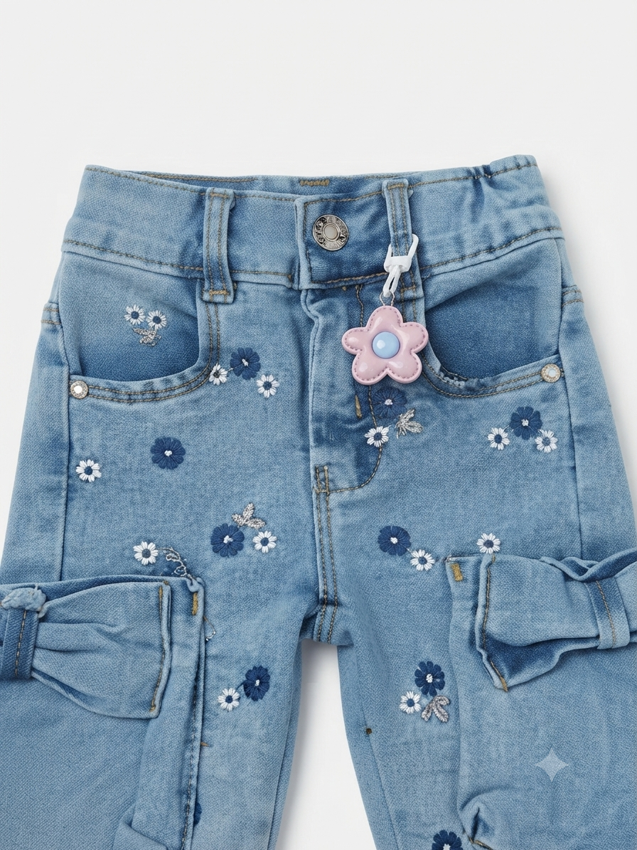 Pantalón niña cargo de mezclilla con flores bordadas