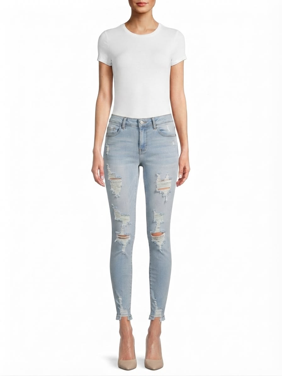Pantalón Dama Mezclilla Skinny Deslavado con Rasgados