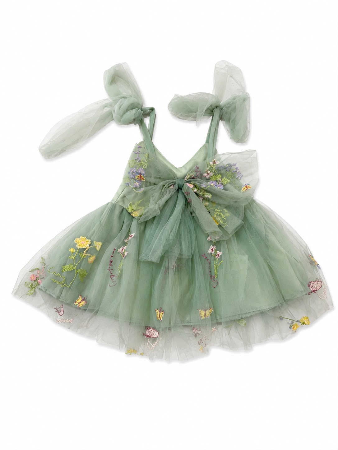 Vestido niña meses de tul bordado con moños en hombros – Verde salvia