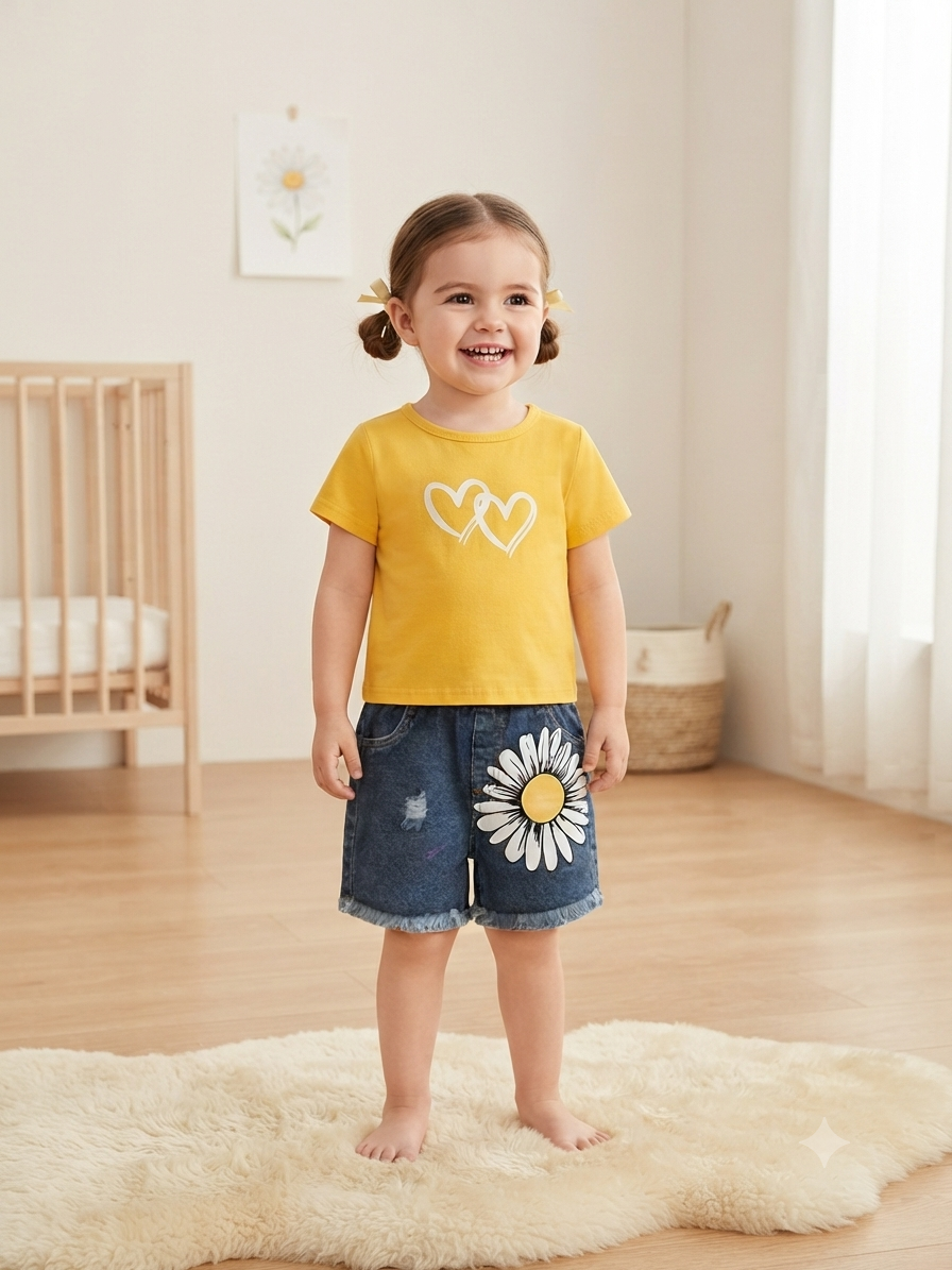 Set niña con playera amarilla y short de mezclilla con margarita