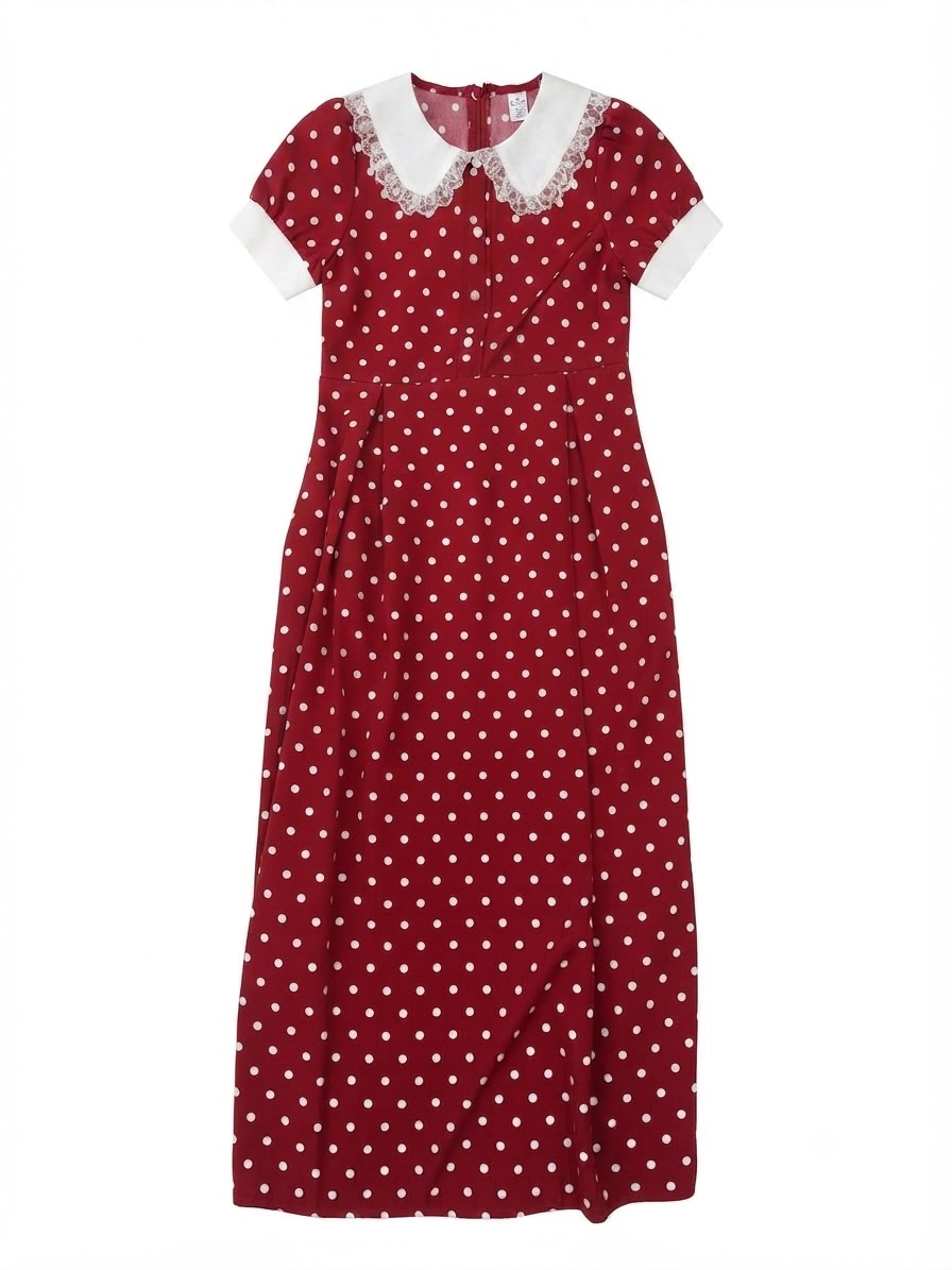 Vestido niña largo color vino con estampado de lunares, cuello Peter Pan y detalles de encaje