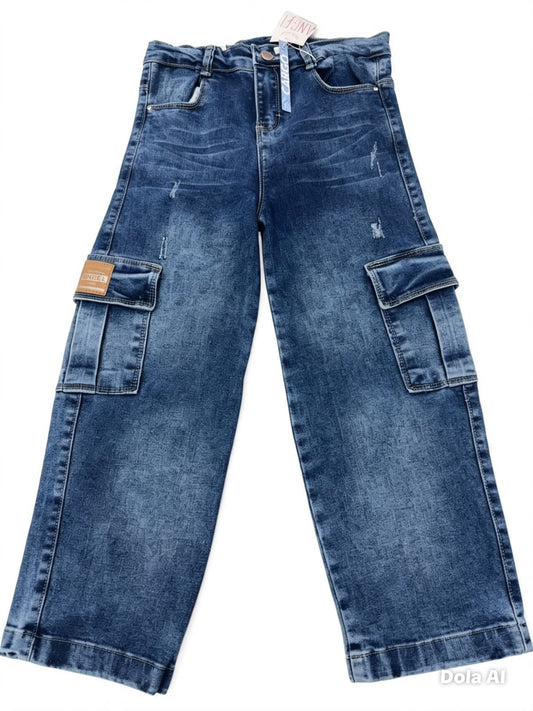 Pantalón niña cargo mezclilla deslavado
