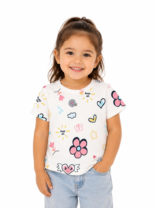 Blusa niña estampada con flores y corazones