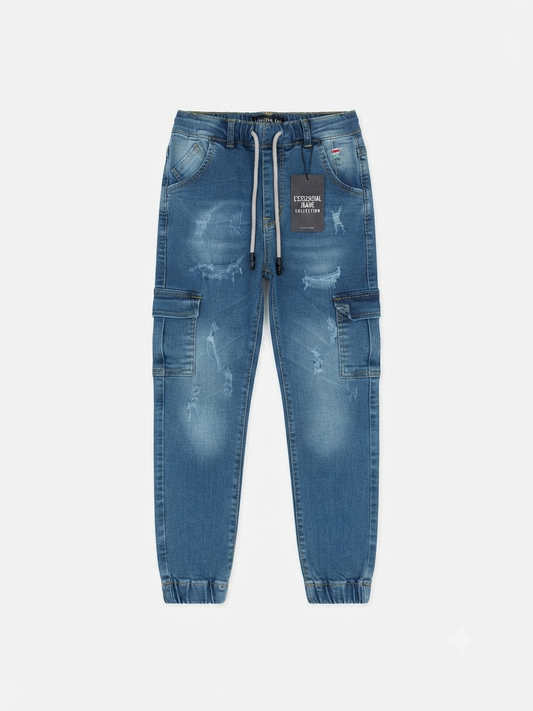 Pantalón niño jogger cargo mezclilla azul