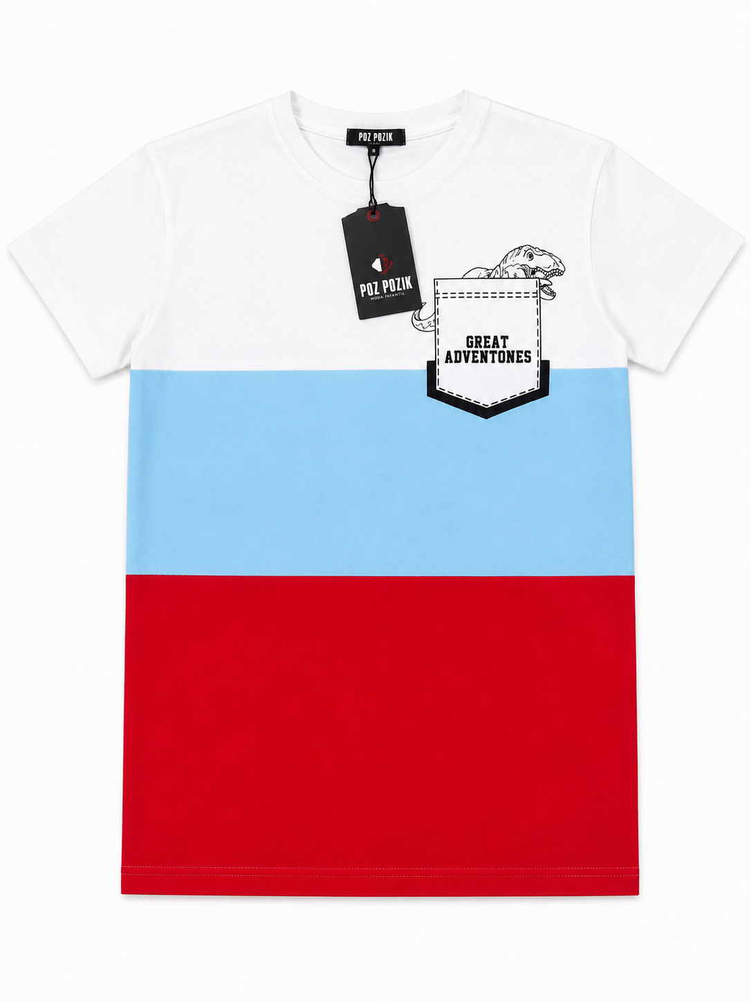 Playera niño cuello redondo color blanco con bloques azul cielo y rojo, estampado dinosaurio