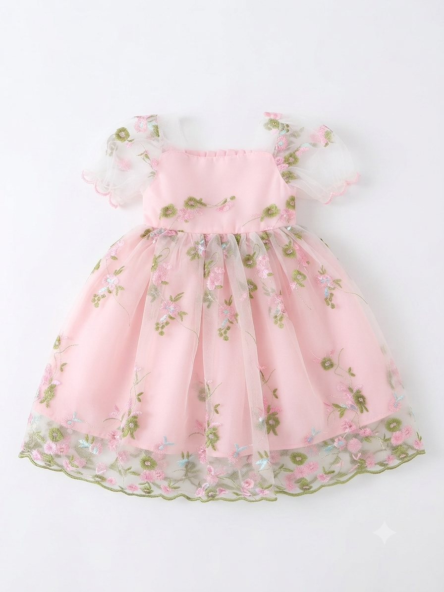 Vestido niña rosa con tul bordado floral y mangas de organza
